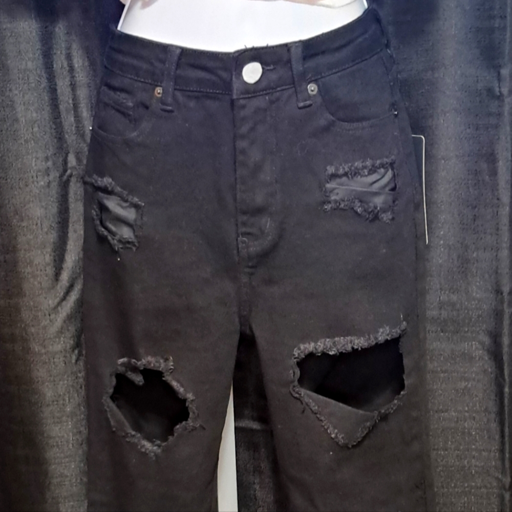 Distressed Black Denim High Waist Mom Jean